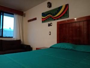 奇格纳瓦潘Hotel Tlatoani的一间卧室设有一张绿色的床、一把椅子和一个窗户。