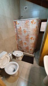 圣马丁德洛斯Casita Fontanive的一间带卫生间和淋浴帘的浴室