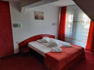 弗格拉什Pensiunea D&D的一间卧室配有一张带红色毯子的床和窗户。