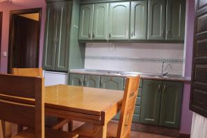 Noguera de AlbarracinApartamentos NOGUERA de ALBARRACÍN的厨房配有绿色橱柜和木桌及椅子