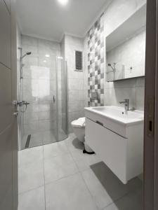 伊兹密尔Azize Palas Apart Otel的浴室配有卫生间、盥洗盆和淋浴。
