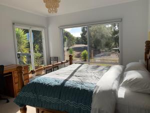 金斯科特袋鼠岛小木屋式酒店的一间卧室设有一张床和一个大窗户