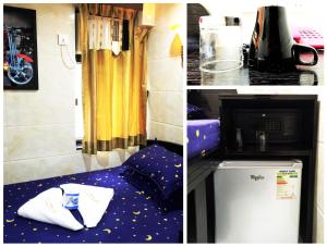 香港Day and Night Hostel Block D 10th floor的两张照片,一间厨房和一个房间里一台冰箱