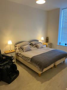 奇切斯特Chichester Luxury One Bed Apartment的一间卧室配有一张带两盏灯和一把椅子的床。