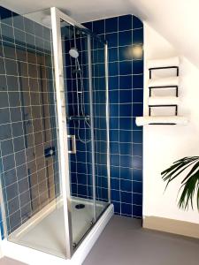 锡福德Upper Rooms Seaford的浴室铺有蓝色瓷砖,设有淋浴。