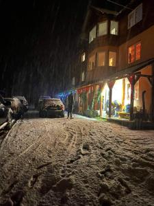 阿列谢尼Cabana Liliana的一个人晚上沿着雪覆盖的街道走去