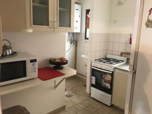 布兰卡港Departamento amoblado en pleno centro, con cochera的一间带炉灶和微波炉的小厨房