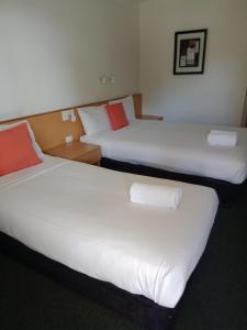 布里斯班安奈尔里汽车旅馆的配有白色床单和红色枕头的酒店客房内的两张床