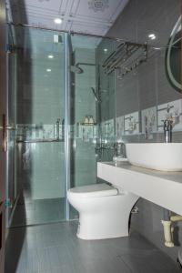 吉婆岛Emerald Hotel Cát Bà的一间带卫生间和玻璃淋浴间的浴室