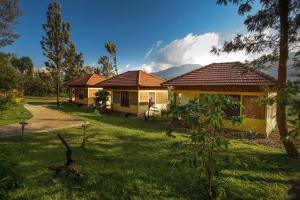 ThirunelliAgraharam Resorts的两栋黄色小屋,位于一个种有树木和草的院子内