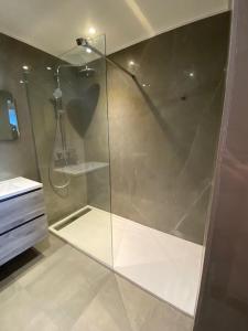 萌纳姆水疗矿物酒店的浴室里设有玻璃门淋浴