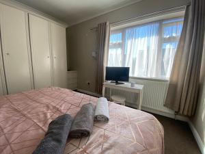 罗姆福特12 Harlesden Road close to ExCel的卧室配有粉红色的床、书桌和窗户。