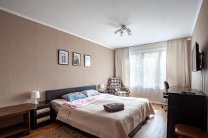 莫斯科Standard Brusnika standart Yaseneva的一间卧室配有一张床、一张书桌和一个窗户。