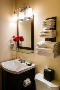 星期五港探索旅馆的浴室配有盥洗盆、镜子和毛巾