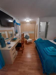 斯凯格内斯North Shore Lodge Skegness的一间卧室配有一张床、一张书桌和一张书桌