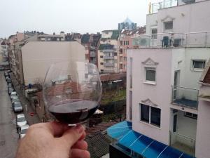 普罗夫迪夫Просторен и добре обзаведен апартамент Oborishte 39 str的把一杯葡萄酒放在阳台上的人