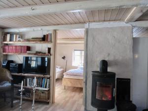 博恩瑟Sivagerhuset Holiday-Home的带壁炉的客厅和卧室