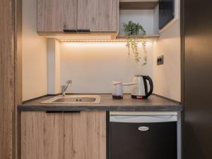 扎金索斯镇Mavra Elegant Apartments的厨房配有水槽和台面上的水壶