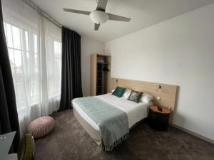 奥尔良Urban Jungle Hôtel Orleans的一间卧室配有一张床和吊扇