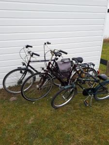 巴勒姆AMELAND - Ballum: Stacaravan Chalet (incl. fietsen) bij strand en zee的一辆自行车停在房子旁边的草上