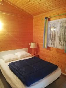 Presles-et-BovesAu Soleil de Picardie的一间卧室配有一张带蓝色毯子的床