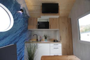 库克斯港Tiny Wave Tiny House auf dem Campingplatz Strandgut的墙上设有大波浪壁画的小厨房
