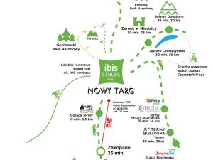 新塔尔格ibis Styles Nowy Targ的一张新城景点和度假胜地的地图,现在被困在度假胜地