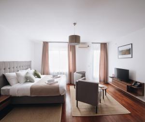 弗尔尼亚奇卡矿泉镇Pegaz Holiday Resort的一间卧室配有一张床、一把椅子和电视
