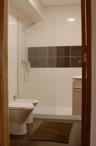 维亚纳堡B Apartamentos的带淋浴、卫生间和盥洗盆的浴室