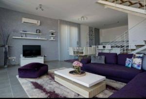 帕福斯Leonidas VILLA的客厅配有紫色沙发和桌子