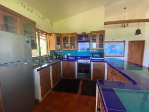BalgueFinca Ometepe的一个带木制橱柜和蓝色台面的大厨房