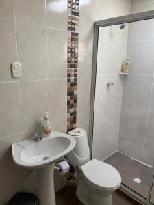 巴耶杜帕尔Hostal Lucy的浴室配有卫生间、盥洗盆和淋浴。