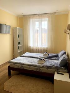 利沃夫Homey apartment on Vicheva Str.的窗户客房内的一张床位