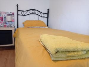 巴利亚多利德Apartamento TISARE wifi的床上有黄色的毯子