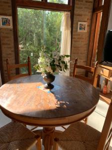 PratinhaGuest House Tânia Alves的木桌,花瓶上放着植物