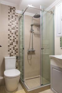 布德瓦Hotel Swiss Holiday的一间带卫生间和玻璃淋浴间的浴室