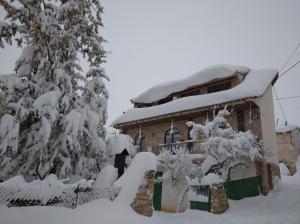 Villarroya de los PinaresCasa Rural Chulilla的一座房子,前面有树木,被雪覆盖着