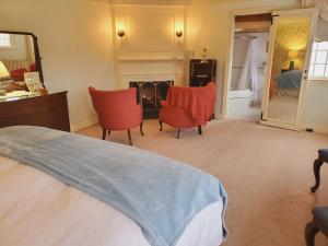 伯利恒阿代尔乡村餐厅旅馆的一间卧室配有一张床、两把椅子和一个壁炉