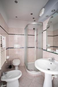 奥尔巴萨诺J酒店的浴室配有卫生间、盥洗盆和淋浴。