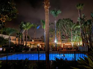 圣巴巴拉柠檬树旅馆的棕榈树和灯光的夜间游泳池