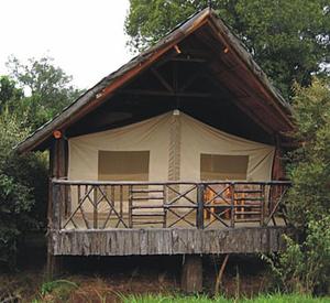 OlolaimutiekSentrim Mara Lodge的树林中带门廊的大型帐篷