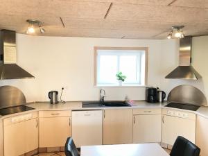 SigEgebjerggaard Bed & Breakfast的厨房配有白色橱柜、水槽和窗户。