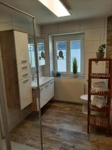 博登斯多夫Ferienwohnung "Marie's Auszeit"的带淋浴、盥洗盆和卫生间的浴室