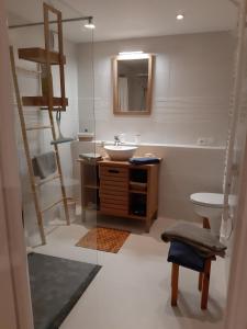 巴登La Longère d'Arzoù, chambres d'hôtes的一间带水槽、卫生间和镜子的浴室