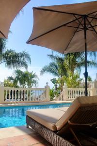 马拉加Luxury B&B Villa Tauro的游泳池畔的一张带遮阳伞的床