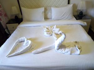 沙姆沙伊赫Apartment in Porto Sharm VIP的酒店客房的床上配有2条天鹅绒毛巾