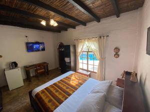 通苏帕Hotel Puerto Gaviota的一间卧室设有一张床、一台电视和一个窗口。