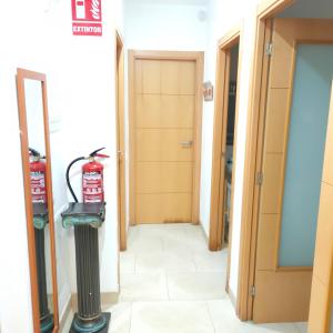 雷乌斯Apartamento en el centro的门前带灭火器的走廊