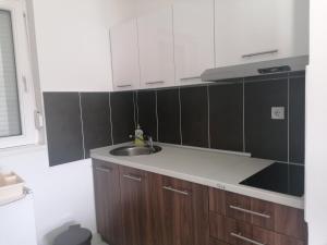 索科矿泉村Apartmani Nana Sokobanja的厨房配有水槽和黑白橱柜。