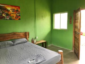 里瓦斯Ruamoko Hostel的绿色卧室设有床和窗户